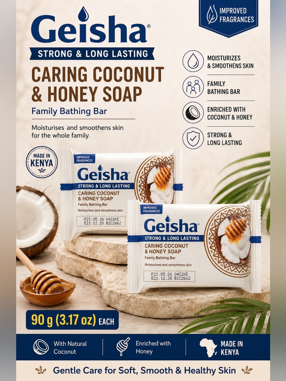 Geisha Caring Coconut & Honey Soap, 2 Bars Made in Kenya